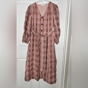 NWT Moodie Checkered Long Sleeve Dress Tie Waist Sz S